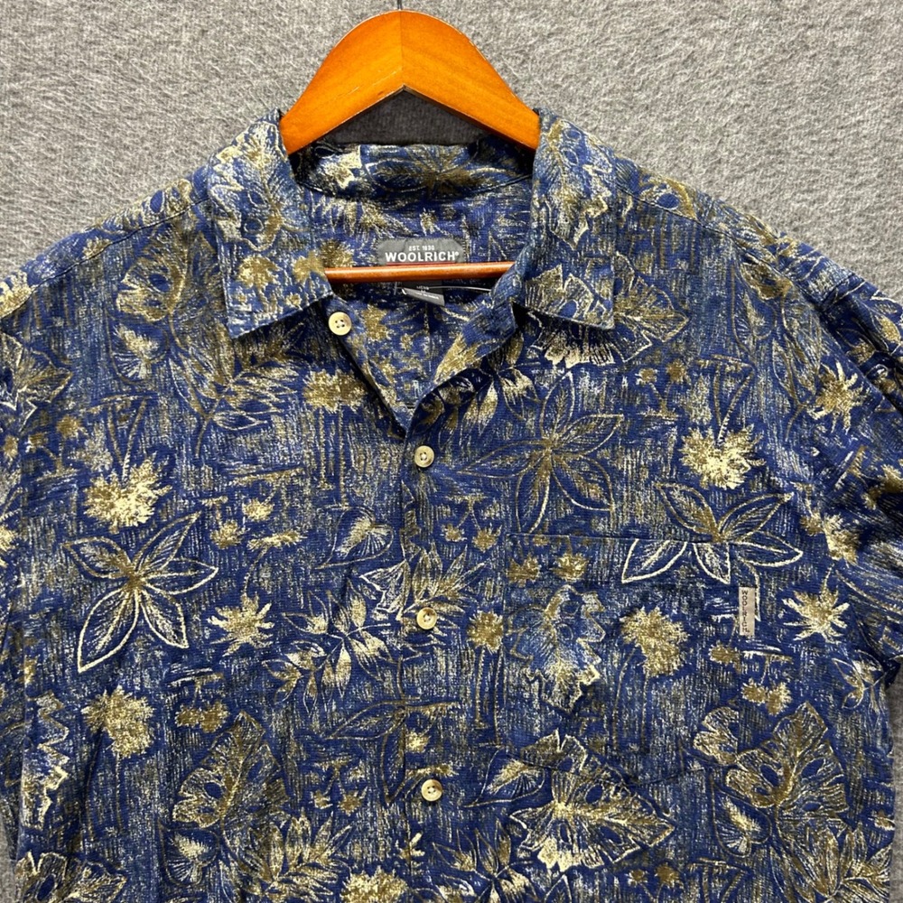 Woolrich Mens Navy Woodblock Leave Floral Button Down Shirt 6646CB Blue Gold M
